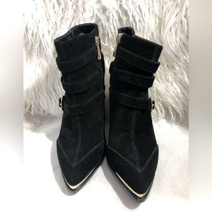 Vince Camuto Black Suede Wedge Bootie Gold Buckle